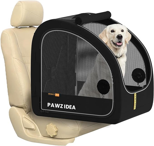 PAWZIDEA Portable Dog Crate for Car Travel, Collapsible Pet Travel Crates for Medium & Large Dogs, Enclosed Soft-Sided Car Kennel Carrier for Backseat, Secures w/Seatbelt & Headrest Strap, Chew-Proof