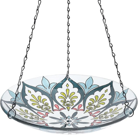 MUMTOP Hanging Bird Baths for Outdoors - Glass Bird Bath, 11 Inch Hanging Bird Bath Bird Feeder Bowl for Outside, Garden, Lawn Yard Decor (Green Kaleidoscope)
