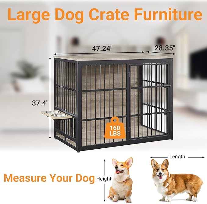 Dog Crate Furniture, 48 Inch Dog Kennel Furniture, Wooden ?�ƒog Crate Furniture Large Breed with Rotating ?˜‹og Bowls, Heavy Duty ?——og Cage Furniture Indoor,Decorative Dogs Crates End Table,Gray