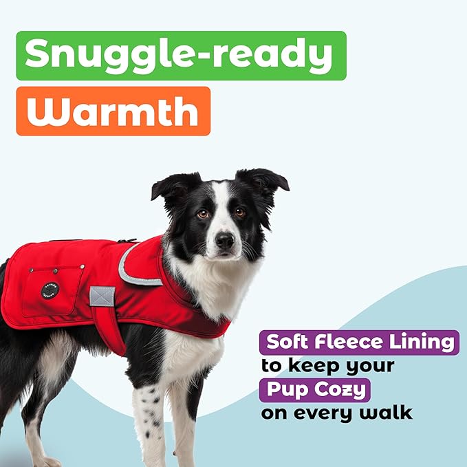 Joyride Harness FrostFlex Dog Winter Jacket - Fleece Lined & Water-Resistant - Snowsuit with Pockets for Treats & Poop Bags - Durable Cold Weather Dog Coat - Red Rush-XL