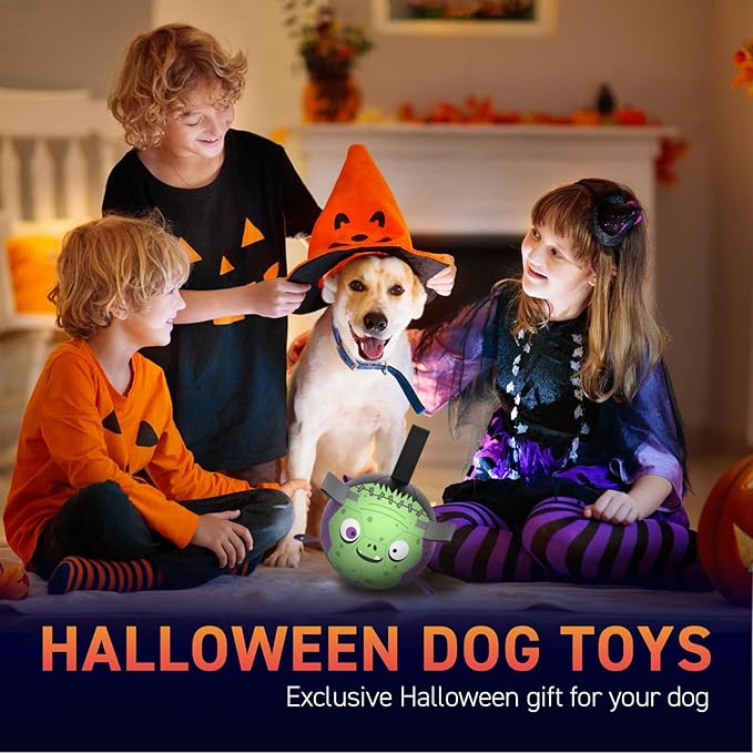 QDAN Dog Toys Ball: Dog Soccer Balls with Straps- Outdoor Herding Balls Toys for Small Medium Dogs- Halloween Puppy Pet Birthday Gifts- 6 Inch Purple Green