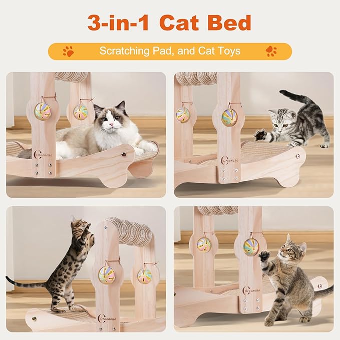 Oroonoko 4-in-1 Cat Scratcher Bed with Scratching Balls & Bells, Large Sisal Scratching Post, Cat Hammock Bed for Indoor Cats, Anti-Tip Wood Base, Cat Bed & Scratch Pad for Large Cats up to 50 lbs