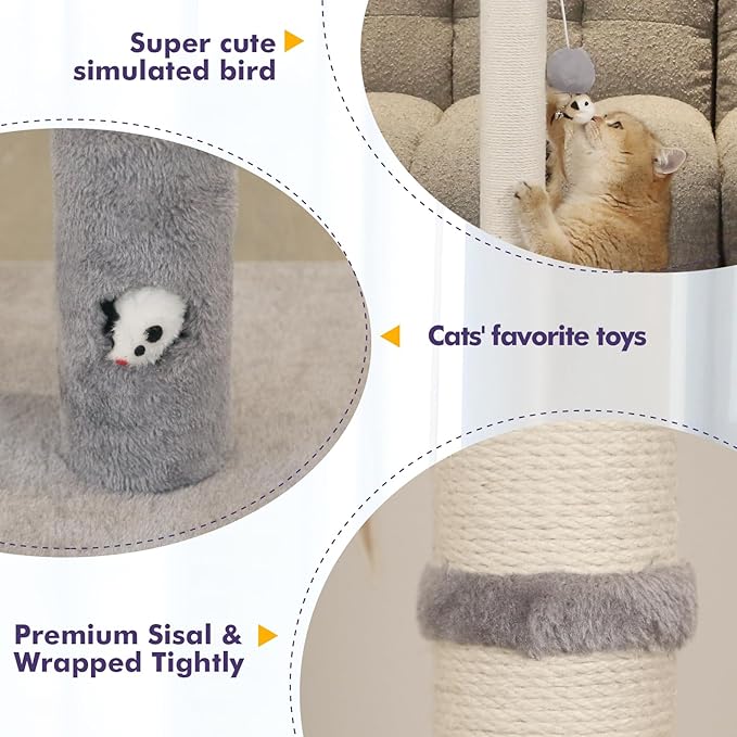 34‘’ Tall Cat Scratching Post with Premium Sisal Rope for Indoor Scratcher Post Tree for Indoor Cat Toy with Mouse Hole, Hanging Ball for Adult Cats and Kittens