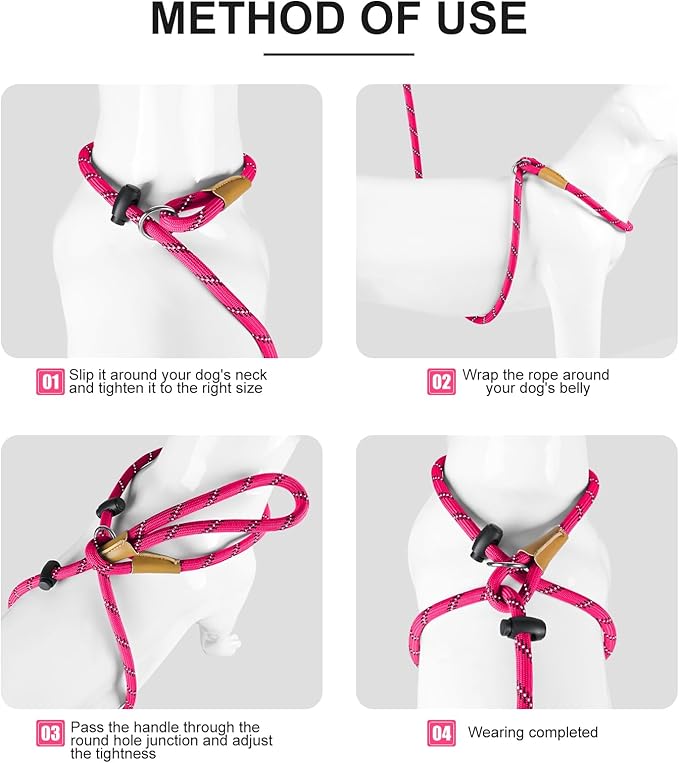 Lynxking No Pull Rope Dog Harness No Pull Reflective Leash Harness Collar 3 in 1 Dog Halter Harnesses Adjustable for Large Giant Dog (Pink, Small 3/8 inch)