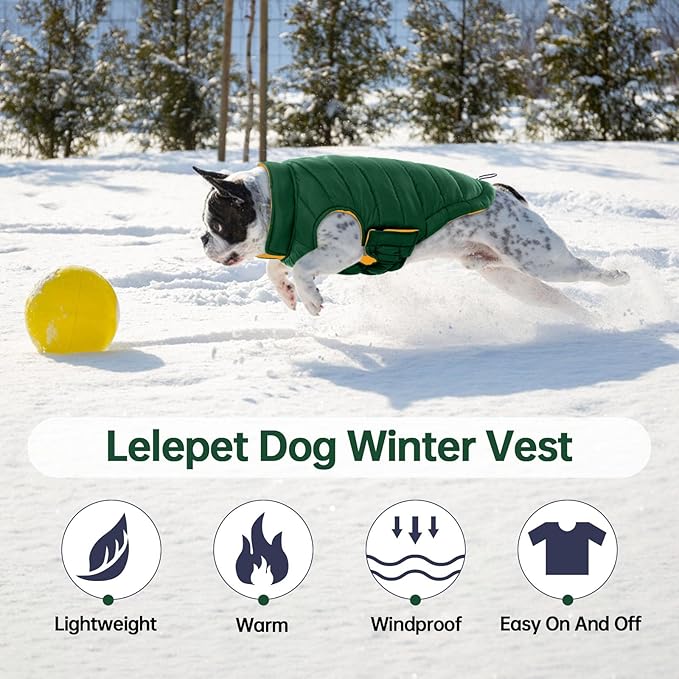 Lelepet Reversible Dog Coat Waterproof Dog Jacket Windproof Puffer Vest for Winter Warm Lightweight Coats for Large Dogs Adjustbale Hook & Loop Pet Apparel with Leash Hole, Pitbull, Green, XL