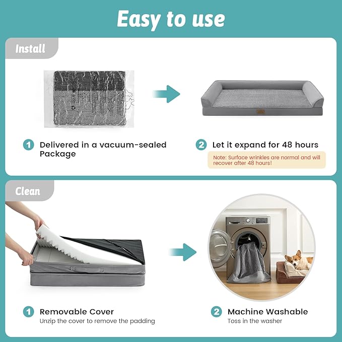 Orthopedic Dog Bed for Medium Size Dogs, Bolster Pet Couch with Waterproof Lining, Egg Crate Foam Sofa for Pets Up to 30 lbs, U-Shaped, 30x20x6.5 inch, Grey