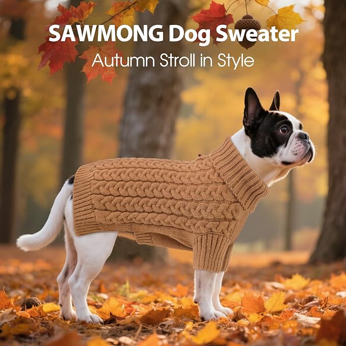 SAWMONG Dog Sweater, Dog Sweaters for Large Dogs Girls Boys, Pullover Turtleneck Knitted Doggy Sweatshirt, Cold Weather Pet Clothes（Khaki, X-Large