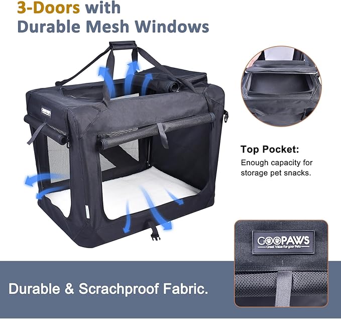 JESPET 30'' Soft Dog Crates Kennel for Pets, 3 Door Soft Sided Folding Travel Pet Carrier with Straps and Fleece Mat for Dogs, Cats, Rabbits, Grey Blue, Beige & Black (30?�L x 21?�W x23??H, Black)