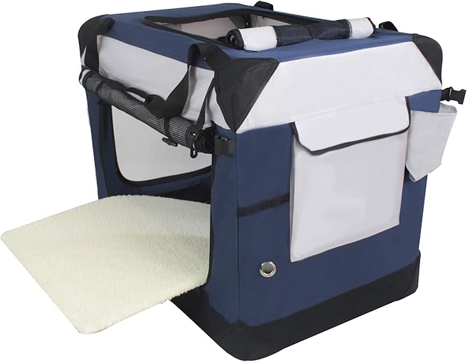 EliteField 4-Door Folding Soft Dog Crate with Curtains, Carrying Bag and Fleece Bed (2 Year Warranty), Indoor & Outdoor Pet Home (24" L x 18" W x 21" H, Navy Blue+Gray)