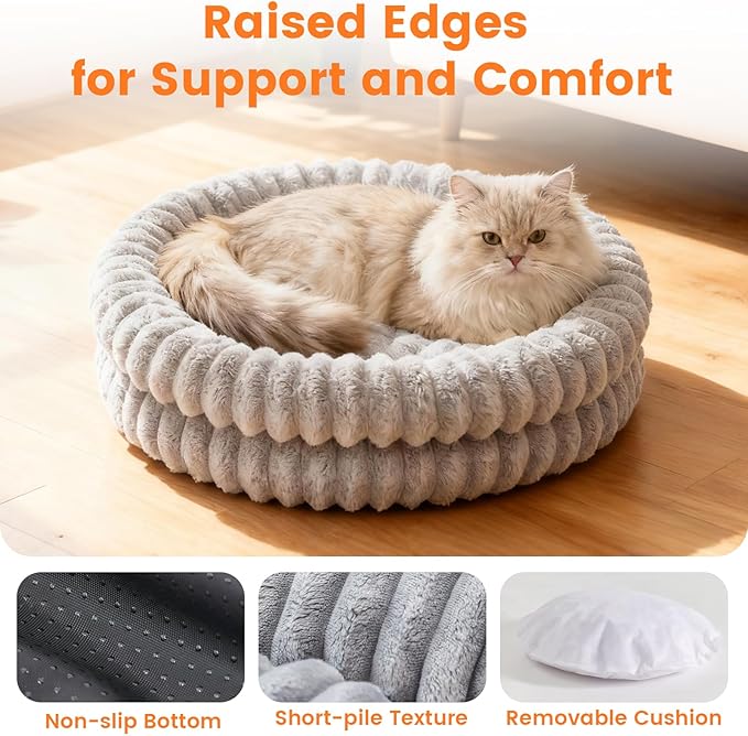 Extra Large Fluffy Cat Beds for Indoor Cats, Washable Round Orthopedic Dog Bed for Small Medium Dogs, Soft Fuzzy Pet Bed with Non-Slip Bottom, Cute Kitten Bed, 27.6x27.6x6.3 in, Gray