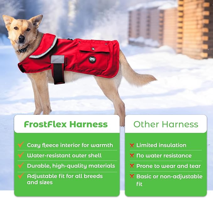 Joyride Harness FrostFlex Dog Winter Jacket - Fleece Lined & Water-Resistant - Snowsuit with Pockets for Treats & Poop Bags - Durable Cold Weather Dog Coat - Red Rush-M