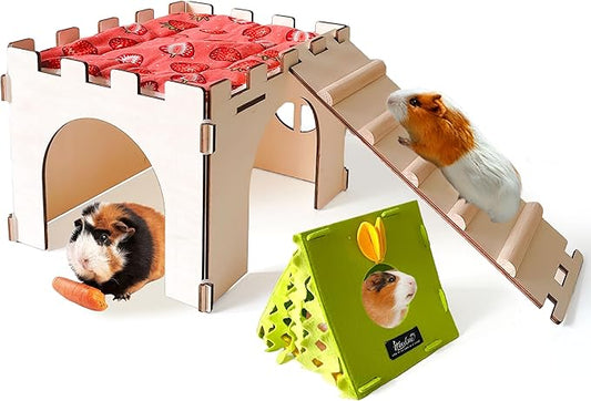 Guinea Pig Hideout,Large Wooden Guinea Pigs House with Stairs and Mats,Detachable Guinea Pig Castle Hide for Small Animals Hamster Chinchilla Ferret Habitats Accessories