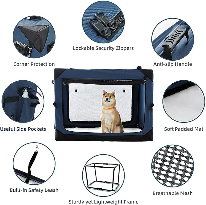 36 Inch Collapsible Crate for Large Dogs, 4-Door Foldable Soft Kennel with Chew Proof Mesh Windows for Indoor & Outdoor Travel,Navy Blue