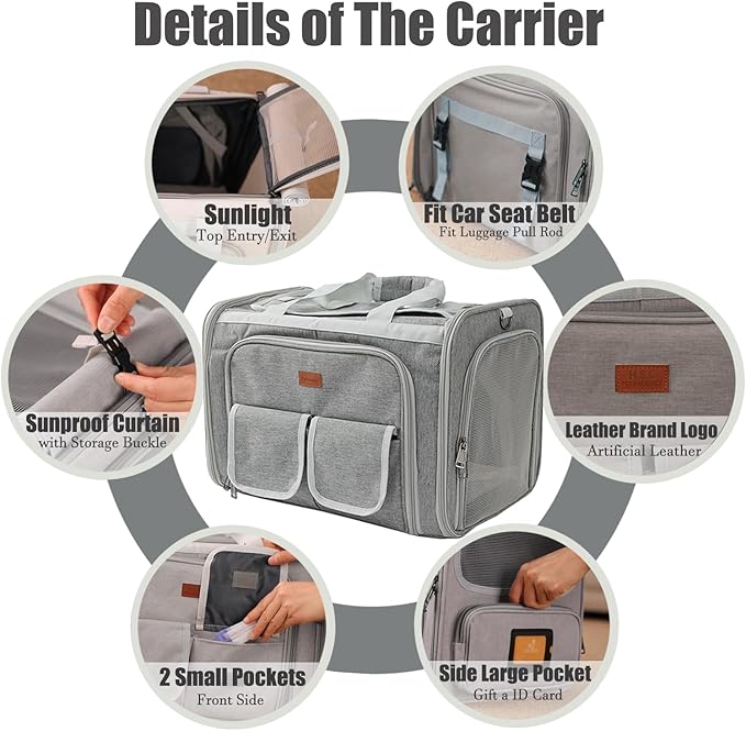 Dog Carrier Cat Carriers Grey Soft Pets Bag Airline Approved Dog Carrier for Small Dogs Carrier,2 Sides Expand,Stylish Rabbit Bunny Pets Carriers Travel Outdoor Carry Kennel