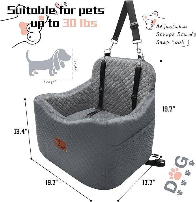 Dog Booster Car Seat for Dogs under 35lbs,Elevated Pets Seat with Safety Strap,Ultra Soft Fabric and Memory Foam Car Dog Bed,Safety,Comfy,Non-Slip&Washable Carseat Cushion for Travel,Cars,SUV.(H-Grey)