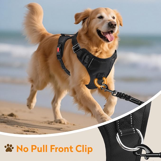 No Pull Dog Harness with 2 Leash Clips, Reflective Adjustable Soft Padded Vest with Handle, Breathable Oxford No Choke Pet Vest for Large Dogs, Black,XL
