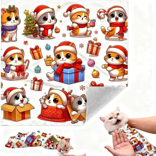 Cat Grooming Wrap, Self-Adherent Soft Cat Blanket to Wrap, Nail Clipping, Anti-Bite, Anti-Scratch, Anti-Escape Calming Wrap (Christmas, 3-6 lbs)