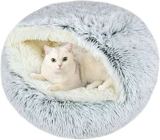 Calming Cat Beds, Fluffy Plush Round Cat Cave Washable, Cozy Warming Anti-Slip Small Dog Bed for Puppy and Kitten, Soft Anti Anxiety Pet Nest (24×24 inch, Grey)