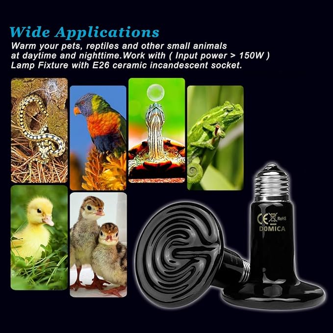 DOMICA 75W 2 Pack Reptile Heat Bulbs for Beared Dragon, Ceramic Heat Emitter, E26 No Light Heating Bulbs for Turtle, Lizard, Snake, Amphibians, Pet Brooder Coop Chicken (75W-Small to Medium Tank)