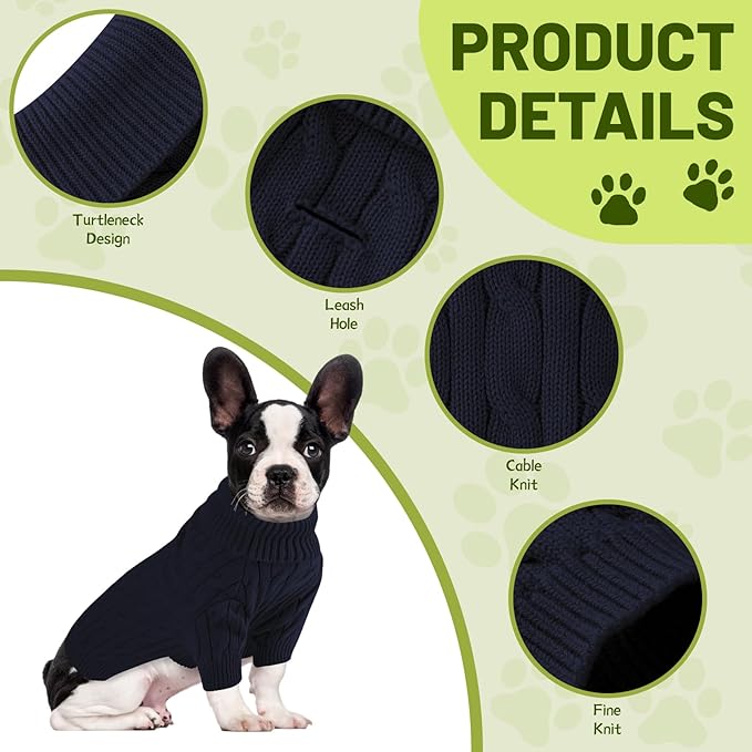 Small Dog Thermal Pullover Sweater, Classic Turtleneck Cable Knitwear Dog Clothes for Cold Weather Warm Pet Clothes for Chihuahua, Bulldog, Dachshund, Pug Navy XX-Large
