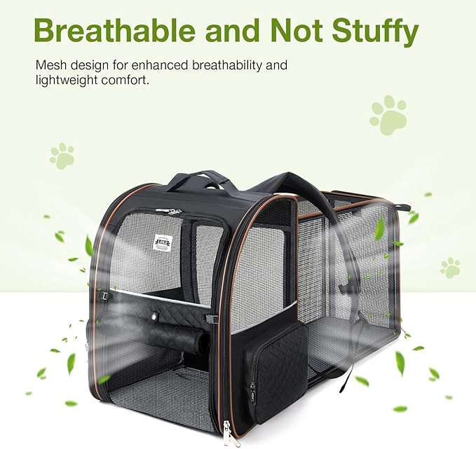 Lekebobor Large Cat Backpack Carrier Expandable Pet Carrier Backpack for Small Dogs Medium Cats Fit Up to 18 Lbs, Dog Backpack Carrier, Foldable Puppy Backpack Carrier for Travel,Quilted Black