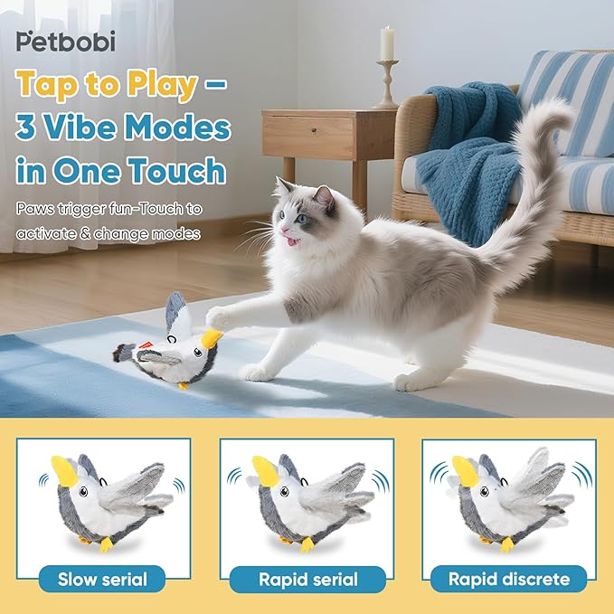 Petbobi Flapping Bird Cat Toys - Interactive Cat Toy with Flapping Wings(No-Flying) and Chirp Tweet, Rechargeable Motion-Activated Catnip Seagull Toys for All Breeds Kittens