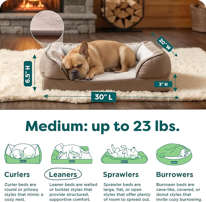 Furhaven Orthopedic Dog Bed for Medium/Small Dogs w/ Removable Bolsters & Washable Cover, For Dogs Up to 35 lbs - Plush & Velvet Waves Perfect Comfort Sofa - Brownstone, Medium