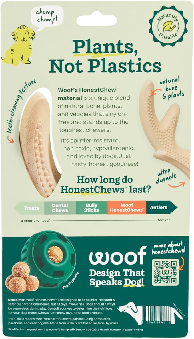 WOOF HonestChew Dog Toy Antler - Durable Dog Chew Toy - Made with Natural, Plant-Based Ingredients - Splinter-Resistant - Safer Than Dog Bones - Medium