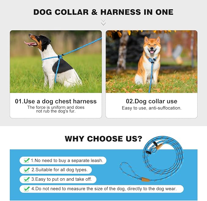 Lynxking No Pull Rope Dog Harness No Pull Reflective Leash Harness Collar 3 in 1 Dog Halter Harnesses Adjustable for Large Giant Dog (Light Blue, Large 1/2 inch)