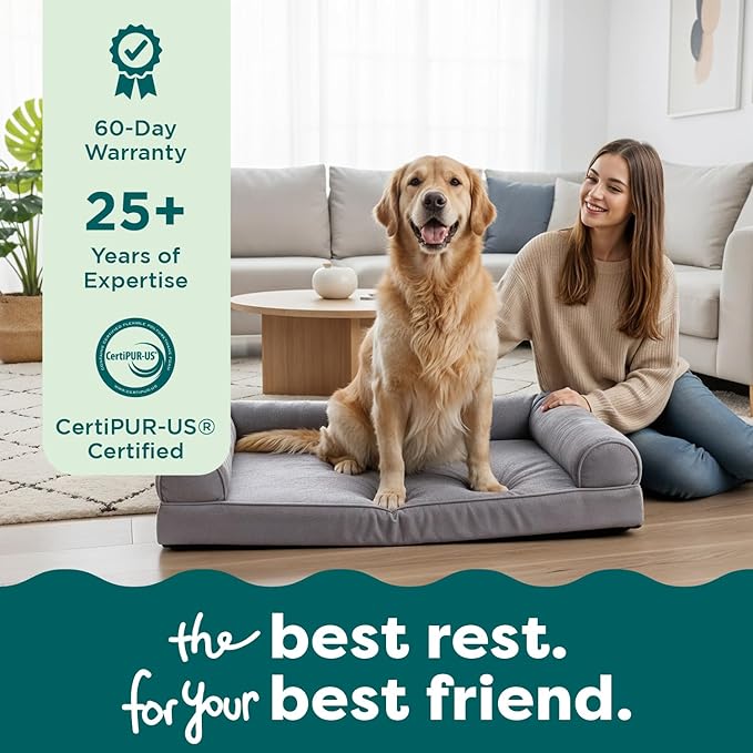 Furhaven Orthopedic Dog Bed for Large Dogs w/ Removable Bolsters & Washable Cover, For Dogs Up to 125 lbs - Luxe Faux Fur & Performance Linen Sofa - Charcoal, Jumbo Plus/XXL