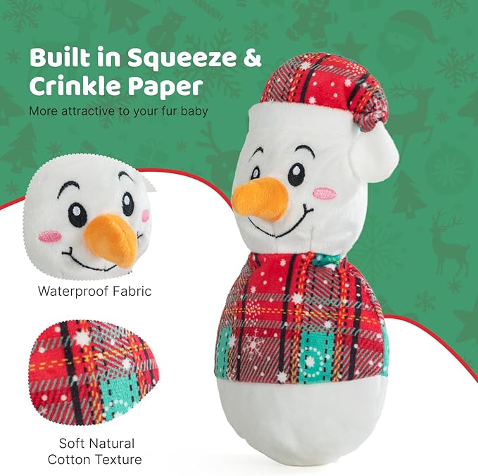 Christmas Dog Toys – Plush Reindeer & Snowman Holiday Set for Small and Medium Dogs, Soft Stuffed Chew Toys with Crinkle Ears, Festive Red Green Plaid, Cute Stocking Stuffer Gift