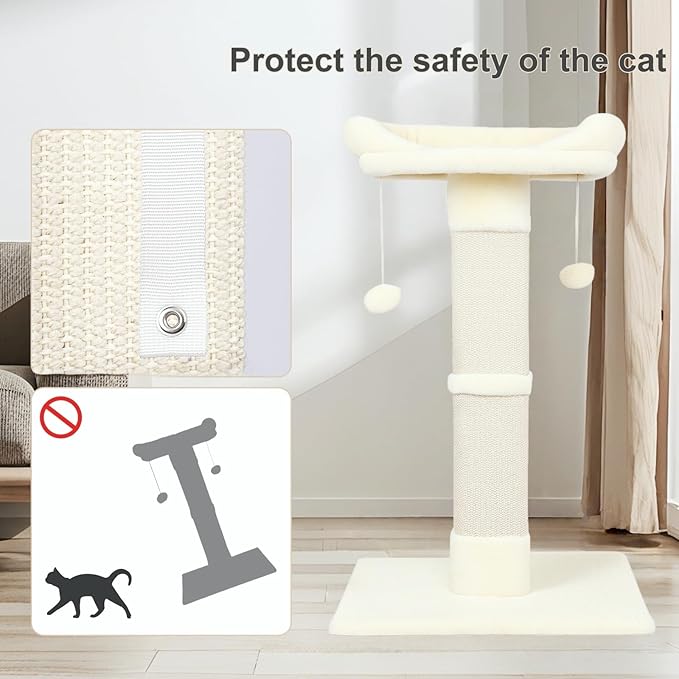 34" Cat Scratching Post for Indoor Cats, Sisal Cat Scratcher with Plush Perch and with Two Dangling Balls, Large Scratch Post with Bed, Removable Cover, Sisal Fabric