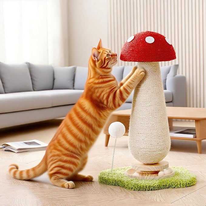 WLHYHHCute Mushroom Shaped Cat Scratching Post - Cat Toy with Ball Lane and Spring-Loaded Pom Poms - 21.25 Inch Tall Sisal Cat Scratching Post for Indoor Cats
