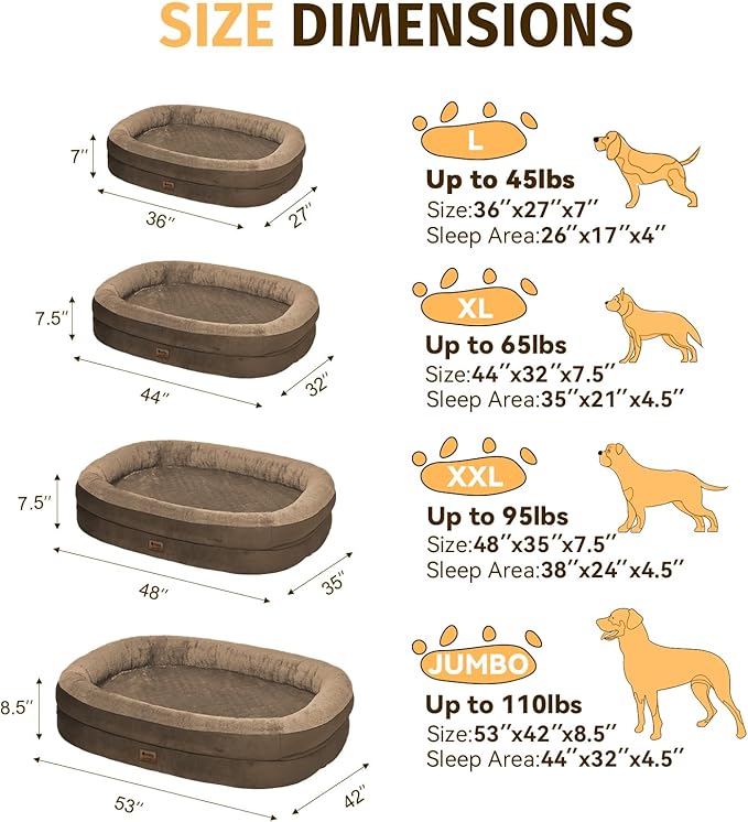 Orthopedic Washable Large Dog Bed: Cooling Dog Bed with Bolsters - Jumbo Bed Waterproof Removable Cover Non-Slip Pet Bed for Extra Large Sized - Coffee