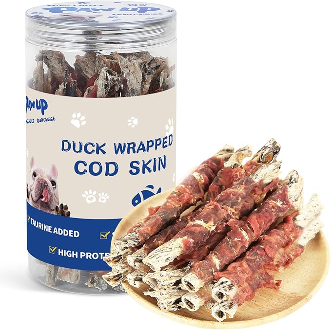 PAWUP Cod Skin Dog Treats with Duck Dog Snacks High Protein and Omega-3, Natural Dog Chews w/Taurine, 12.5 oz