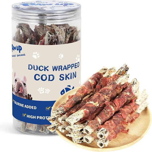 PAWUP Cod Skin Dog Treats with Duck Dog Snacks High Protein and Omega-3, Natural Dog Chews w/Taurine, 12.5 oz