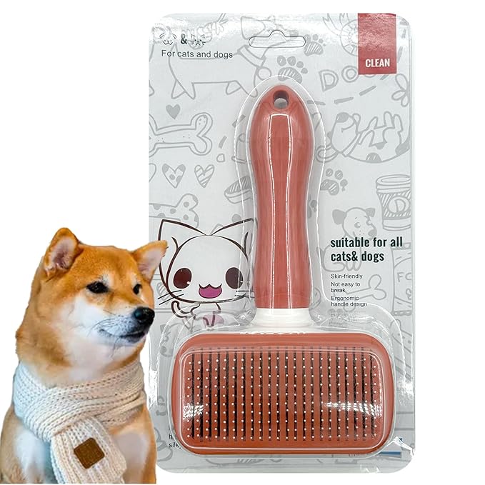 Self Cleaning Slicker Brush, Dog Cat Bunny Pet Grooming Shedding Brush, Easy to Remove Loose Undercoat, Pet Massaging Tool Suitable for Pets with Long or Short Hair (Red)