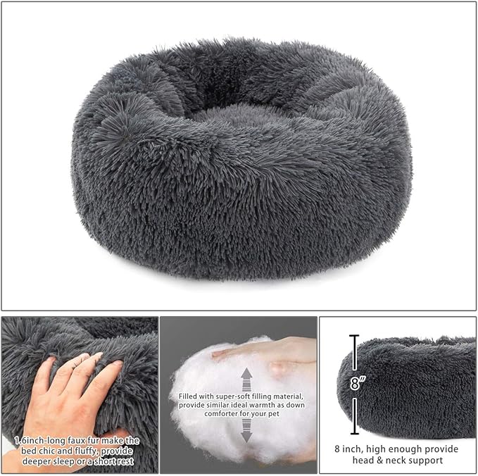 Dog Bed Large, Soft Round Cuddler Dog Beds Fluffy Plush Faux Fur Pet Beds, Anit-Anxiety Self-Warming Comfy (28", Dark Grey)