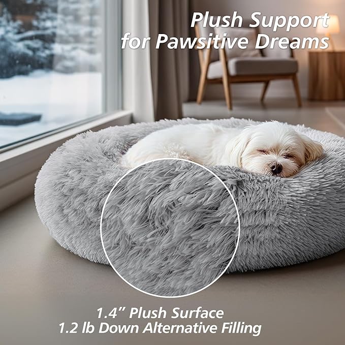 JOLLYVOGUE Small Dog & Cat Beds for Indoor Cats, Donut Cuddler Warming Soft Dog Beds with Anti-Slip Bottom, Round Calming Fluffy Plush Faux Fur Cushion Bed for Small Medium Dogs (20", Smoke Grey)