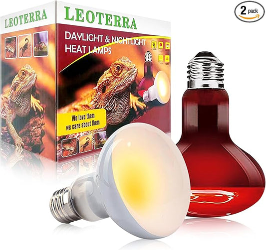 Leoterra 75w Heat Lamp Bulbs Day and Night Heat Lamp Bulbs Combo Pack, Dimmable Heat lamp for Reptiles, E26 Base,Easy to Install,Long-Lasting Reptile Heating Bulb