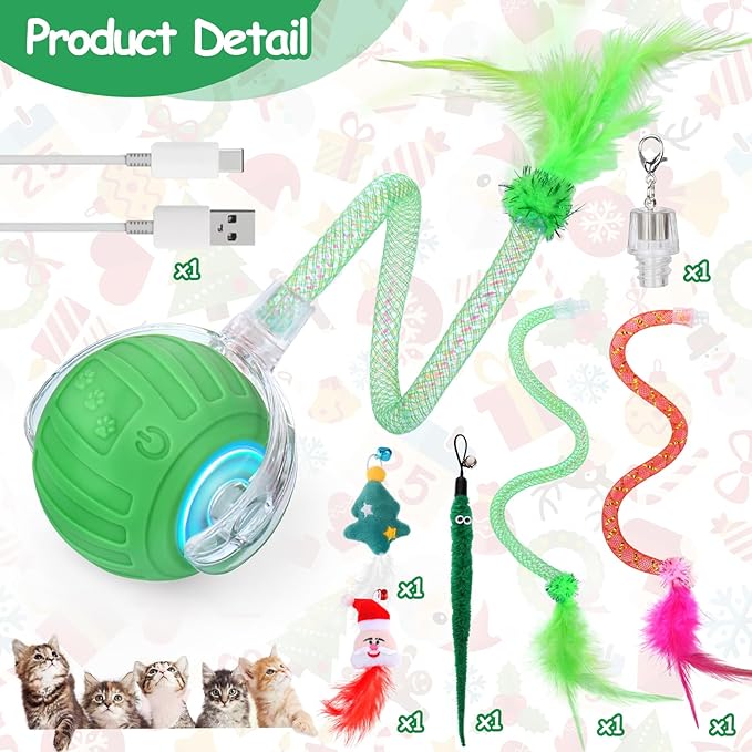 Interactive Cat Toy Ball - Christmas Cat Toys for Indoor Cats with Feather Tails for Chasing, Moving Stimulation Smart Cat Toy for Enrichment, Motion Activated Automatic Rolling Toys to Keep Them Busy