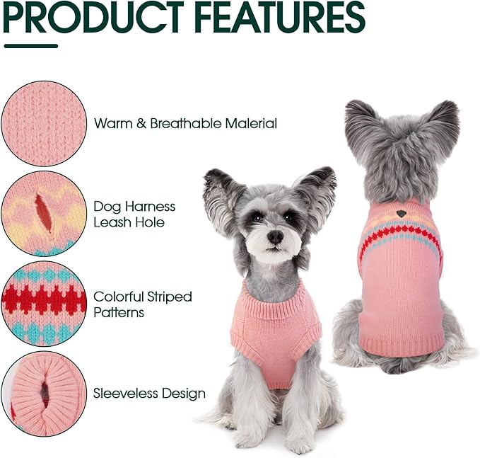 Kuoser Dog Sweater, Small Dog Sweater, Dogs Sweaters for Small Dogs Girl Boy, Thermal Puppy Christmas Sweaters Knitwear, Cold Weather Pet Winter Pullover Sweatshirt Apparel with Leash Hole, Pink XS