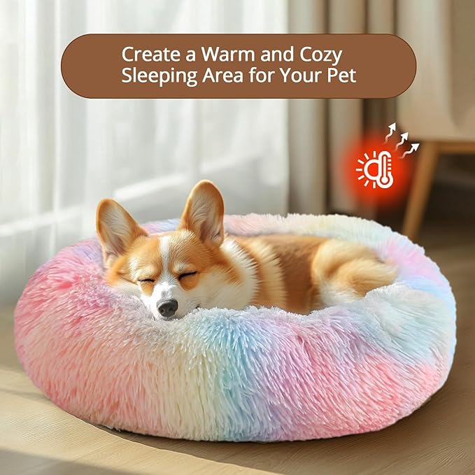 JOLLYVOGUE Medium Calming Dog Bed, Anti-Anxiety Donut Cuddler Cat Bed with Anti-Slip Bottom, Fluffy Faux Fur Machine Washable Pet Cushion for Medium Dog & Cat, 27"/Rainbow
