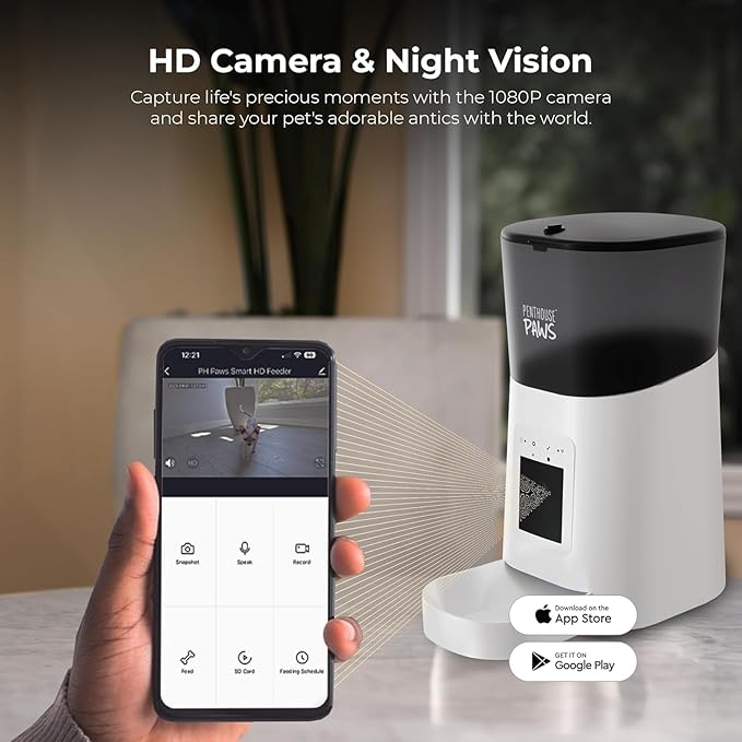 Smart HD Automatic Cat Feeder with 1080P Camera & Night Vision, 2-Way Audio, WiFi App Control, Anti-Jam 6L Pet Feeder with Battery Backup, Schedules Up to 15 Meals for Cat & Dog (White)