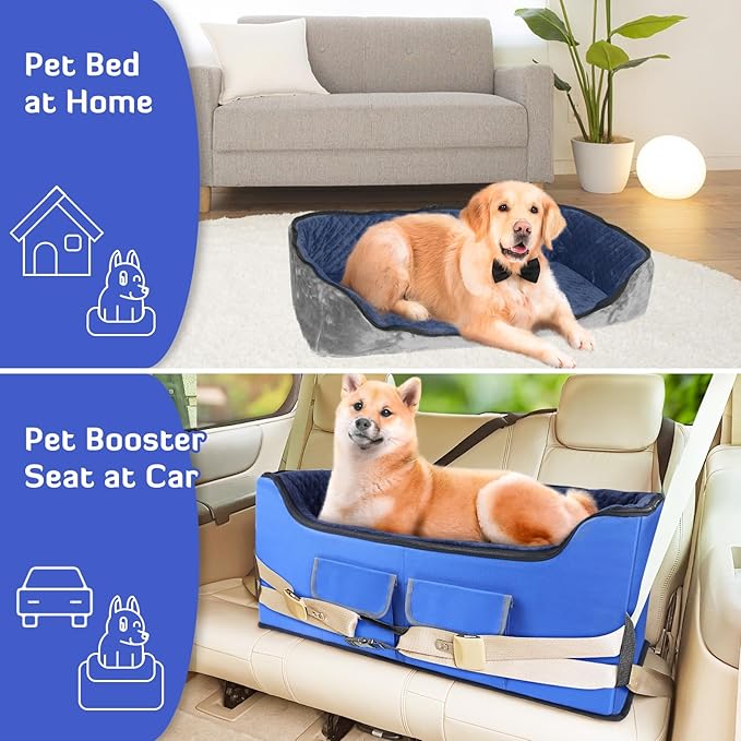 INFANZIA Dog Booster Car Seat for Small Medium Large Dogs, Elevated Pet Car Seats with Safety Leash for Pets Under (Royal Blue, Large)