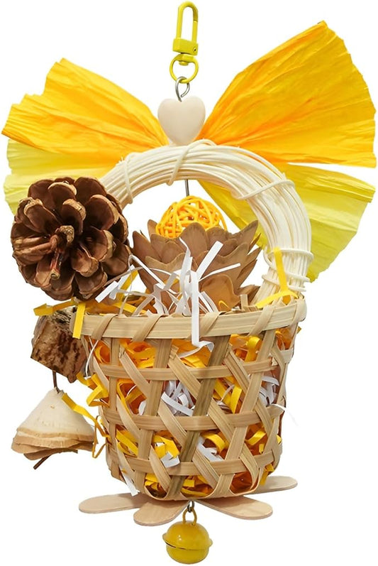 Bird Toys Foraging Shredder Hanging Toys Rope Perch with Bell Parakeet Toy Parrot Swing Climbing Standing Toys Bird Cage Accessories for Conure Cockatiel Budgies Lovebird, Yellow
