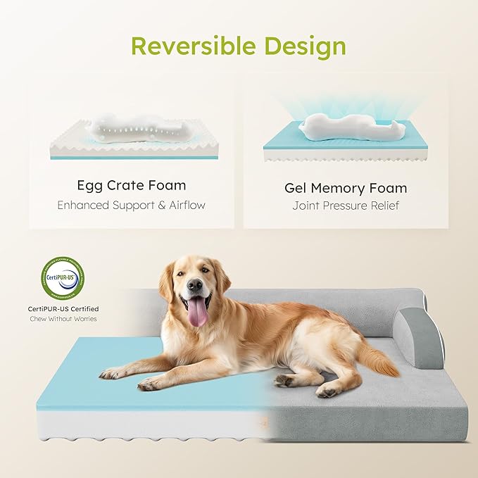 XL Plus Orthopedic Dog Bed, Big Dog Bed for Large Sized Dogs, Dual-Sided Pet Cooling Beds with Memory Foam Washable Cover Nonslip Bottom, Waterproof Pet Couch with Bolster, Light Grey