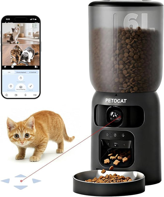 AI Automatic Cat Feeder with 2K HD Dual Cameras,5G&2.4G Wi-Fi 6L Programmable Cat Food Dispenser with Cats Recognition& Diet Tracking, Laser Interactive Toy & Two-Way Audio
