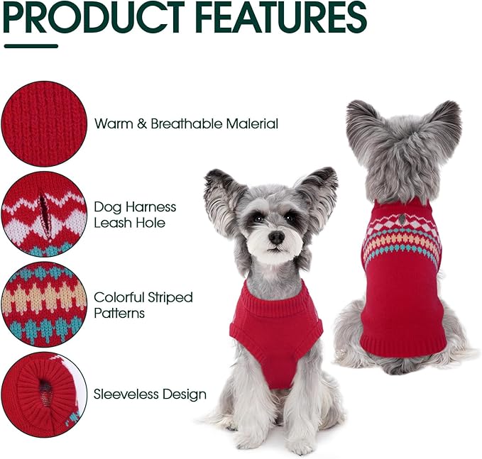 Kuoser Dog Sweater, Dog Sweaters for Small Dogs Male, Knitted Christmas Dogs Sweater, Fall Winter Puppy Apparel Pet Pullover Sweatshirt Outfits for Chihuahua, Bulldog, Dachshund, Pug, Yorkie, Red S
