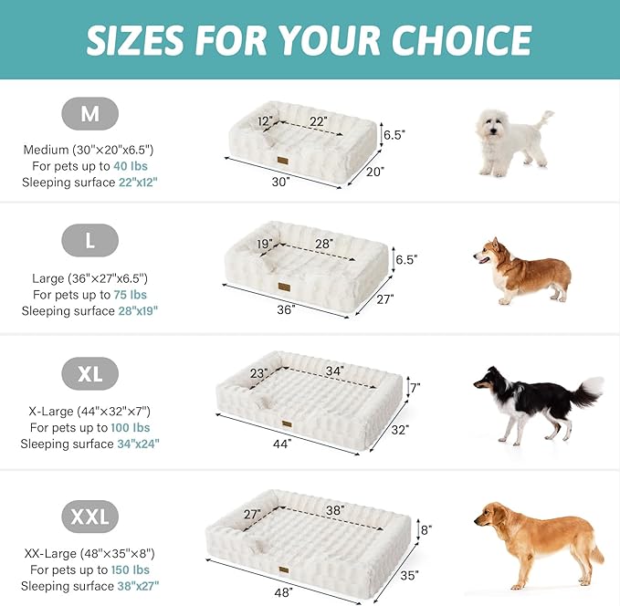 Faux Fur Orthopedic Dog Bed, Pet Couch for Large Dog, Big Supportive Foam Bolster Sofa with Waterproof Lining Cover, Anti-Slip, Soft, Warm, Washable, C-Shaped, 36x27x6.5 inch, Beige